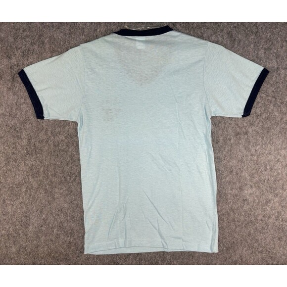Vintage ST MAARTEN T-Shirt Medium Blue Ringer Retro 80s Single Stitch Black - Picture 4 of 6